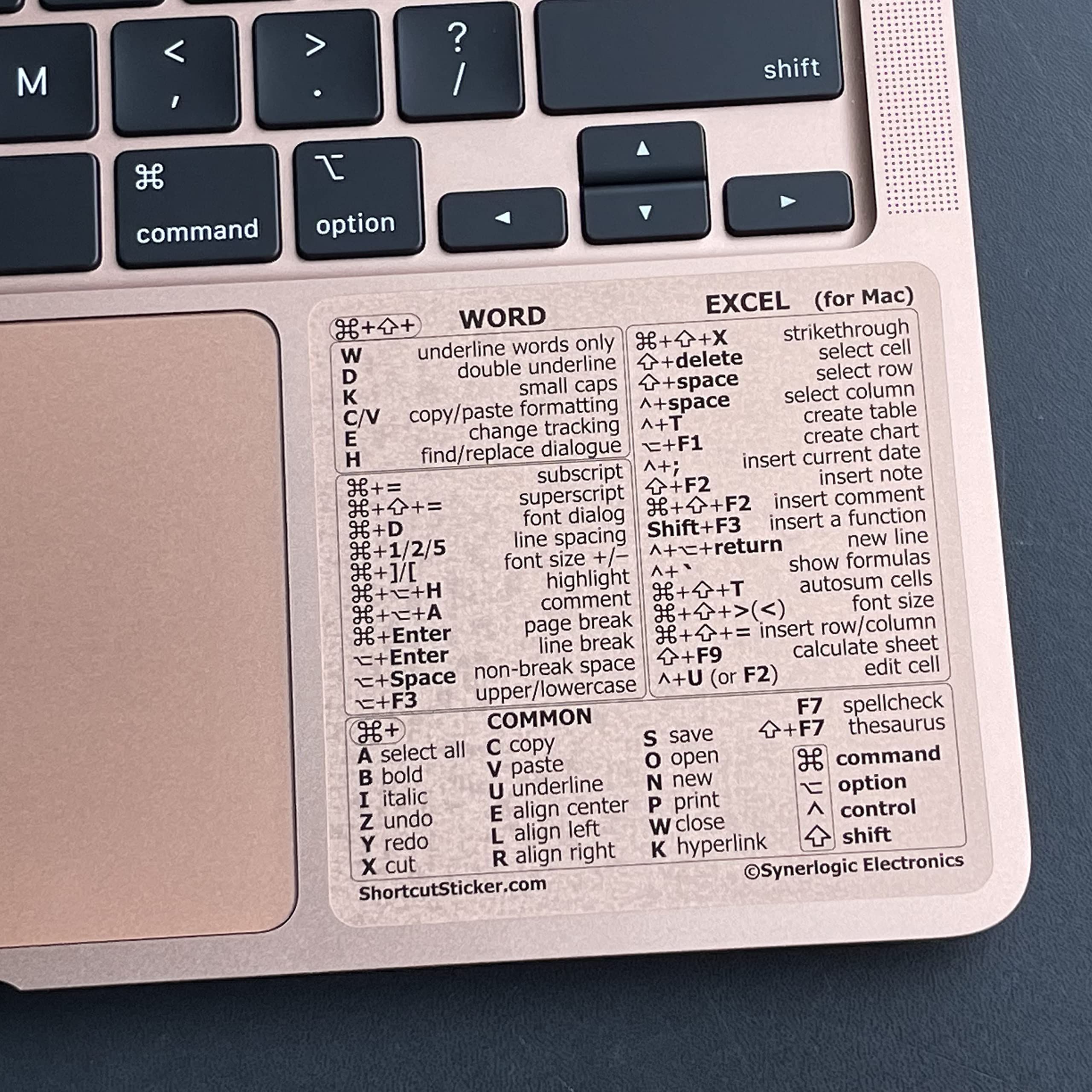 Synerlogic Adesivi per scorciatoie per Mac Word ed Excel, adesivi per scorciatoie da tastiera di riferimento rapido, adesivi per scorciatoie da tastiera Word Excel per Mac Book Air/Pro/iMac/Mac/Mini