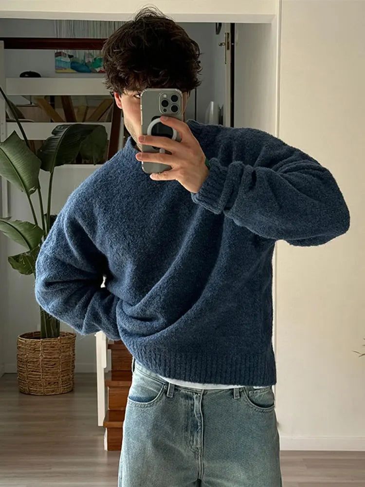 OTUSI Casual Solid Fleece Turtleneck Sweater For Male Fashion Long Sleeve Loose Knitted Pullover Autumn Thicken Warm Knit Jumpers Blue-XL