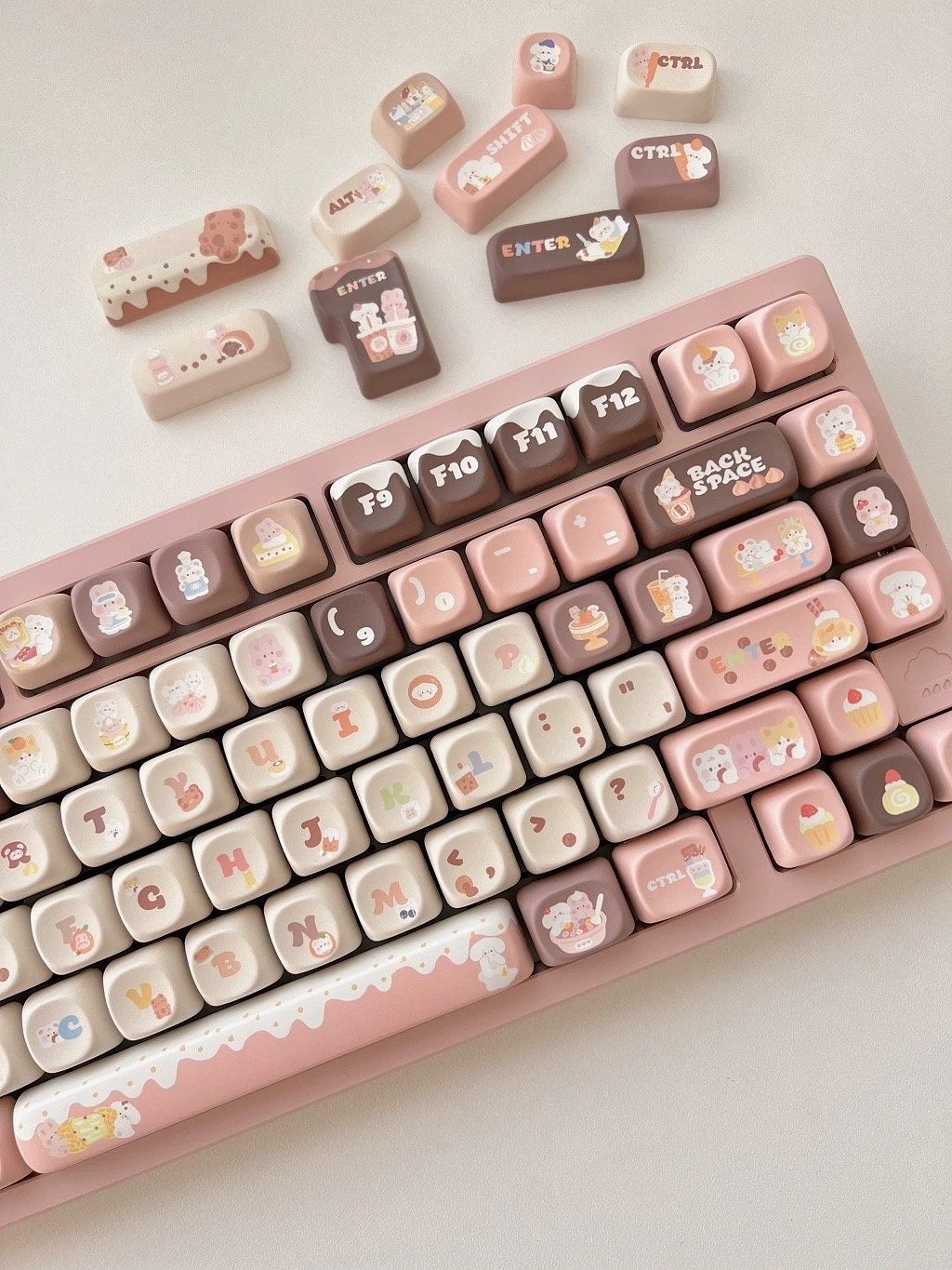 Choco Dessert Bear English PBT 142 keys MOA Profile Keycaps Set, Cute Keycaps, Custom Keycaps