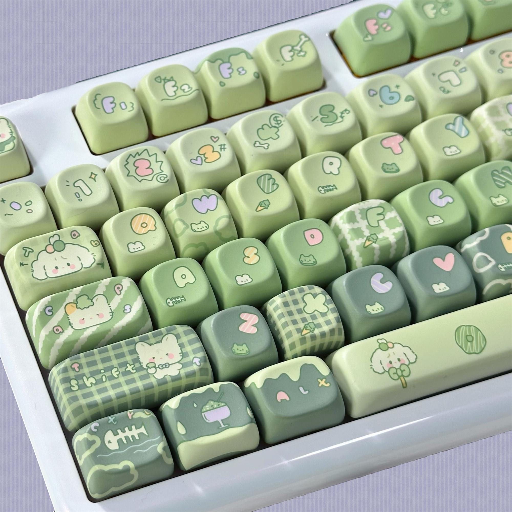 131keys Cute Matcha Cat Keycap Set, Green Keycaps, Bunny Keycaps, XOA Profile Keycaps, PBT Keycaps, cherry mx mechanical keyboard keycap